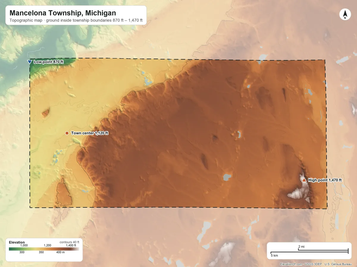 Topographic elevation map of Mancelona Township, Michigan, shaded from 870 ft on the northwest side to 1,470 ft on the east side