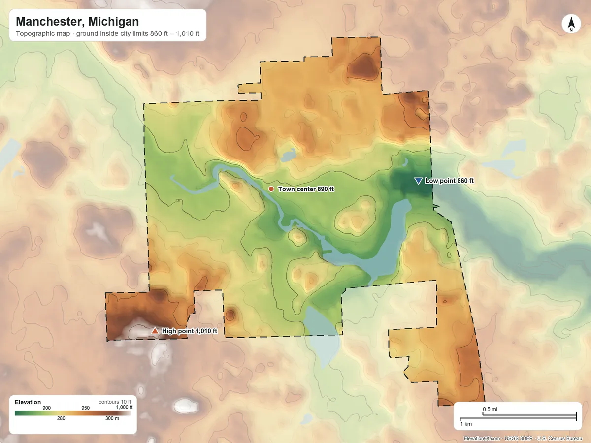 Topographic elevation map of Manchester, Michigan, shaded from 860 ft on the east side to 1,010 ft on the southwest side