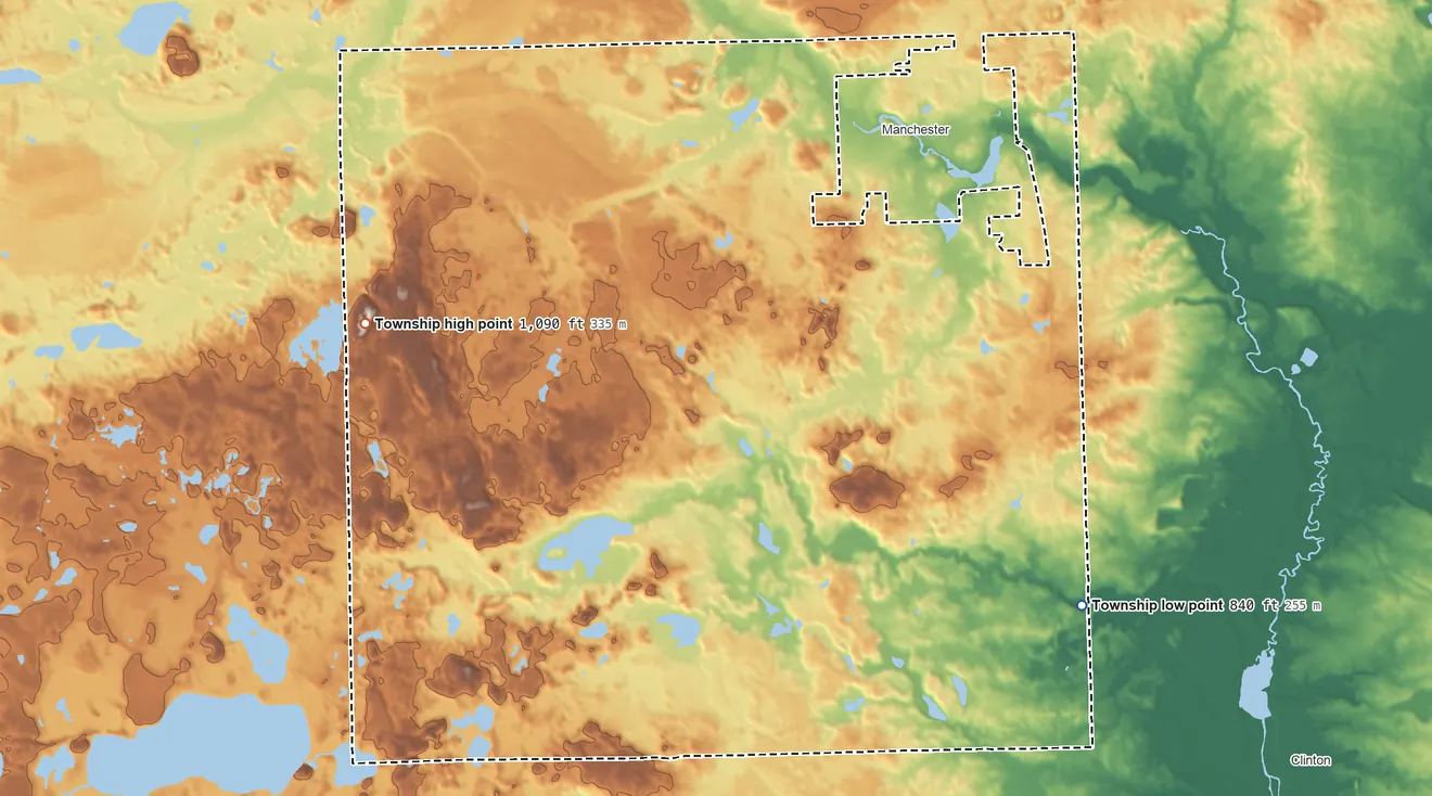 Topographic elevation map of Manchester Township, Michigan, shaded from 840 ft on the southeast side to 1,090 ft on the west side