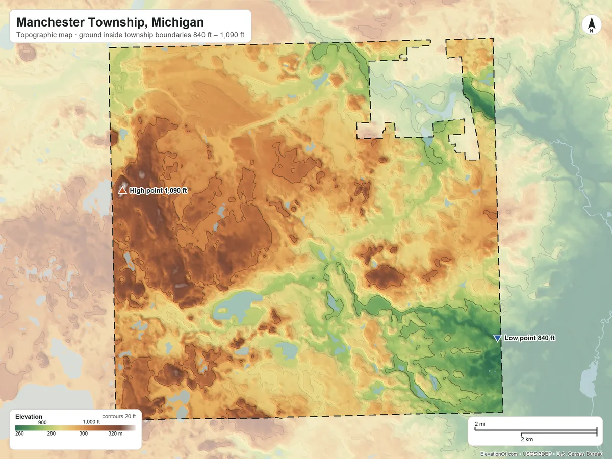 Topographic elevation map of Manchester Township, Michigan, shaded from 840 ft on the southeast side to 1,090 ft on the west side