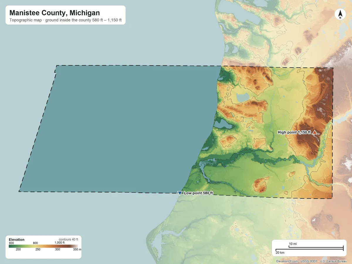 Topographic elevation map of Manistee County, Michigan, shaded from 580 ft on the south side to 1,150 ft on the east side