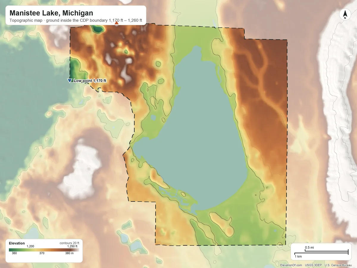 Topographic elevation map of Manistee Lake, Michigan, shaded from 1,170 ft on the west side to 1,260 ft on the northwest side