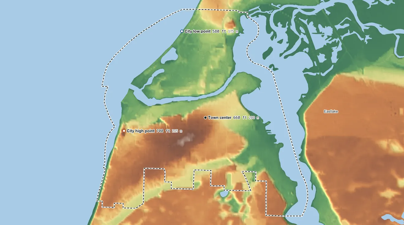 Topographic elevation map of Manistee, Michigan, shaded from 580 ft on the north side to 700 ft on the west side