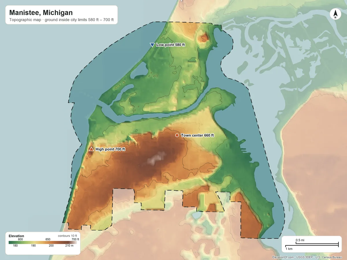 Topographic elevation map of Manistee, Michigan, shaded from 580 ft on the north side to 700 ft on the west side