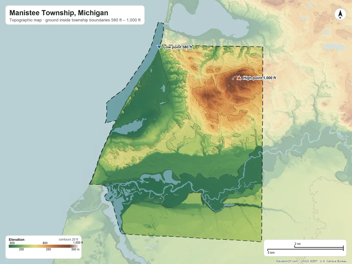 Topographic elevation map of Manistee Township, Michigan, shaded from 580 ft on the north side to 1,000 ft on the northeast side