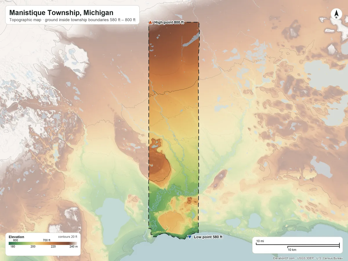Topographic elevation map of Manistique Township, Michigan, shaded from 580 ft on the shore of Lake Michigan to 800 ft on the north side