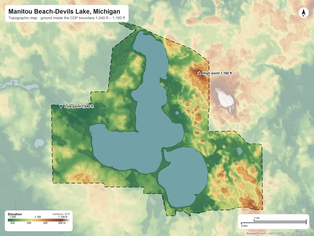 Topographic elevation map of Manitou Beach-Devils Lake, Michigan, shaded from 1,040 ft on the west side to 1,160 ft on the northeast side