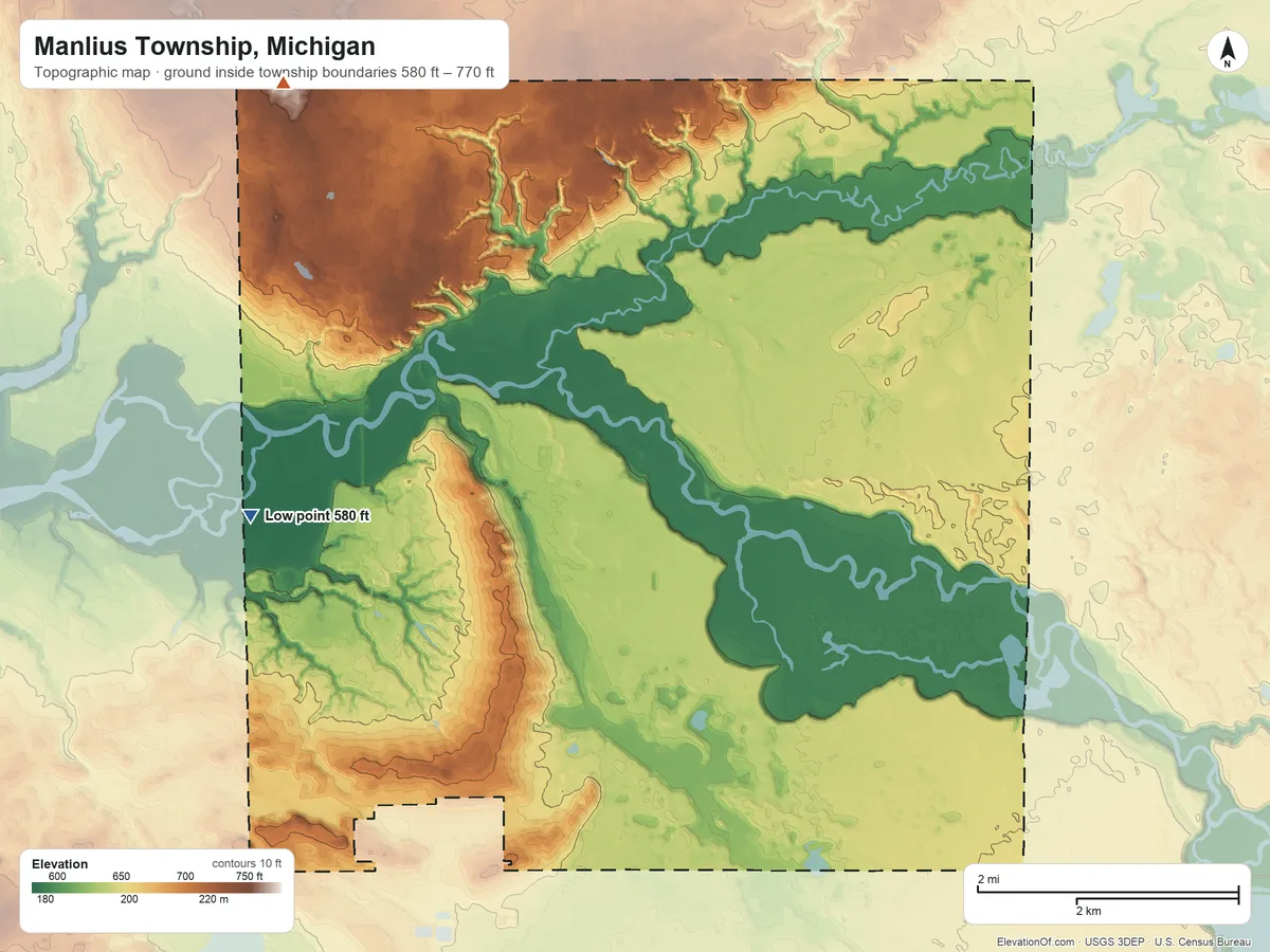 Topographic elevation map of Manlius Township, Michigan, shaded from 580 ft on the west side to 770 ft on the northwest side