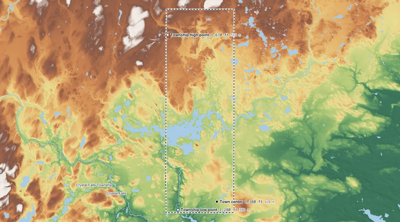 Topographic elevation map of Mansfield Township, Michigan, shaded from 1,280 ft on the west side to 1,670 ft on the north side