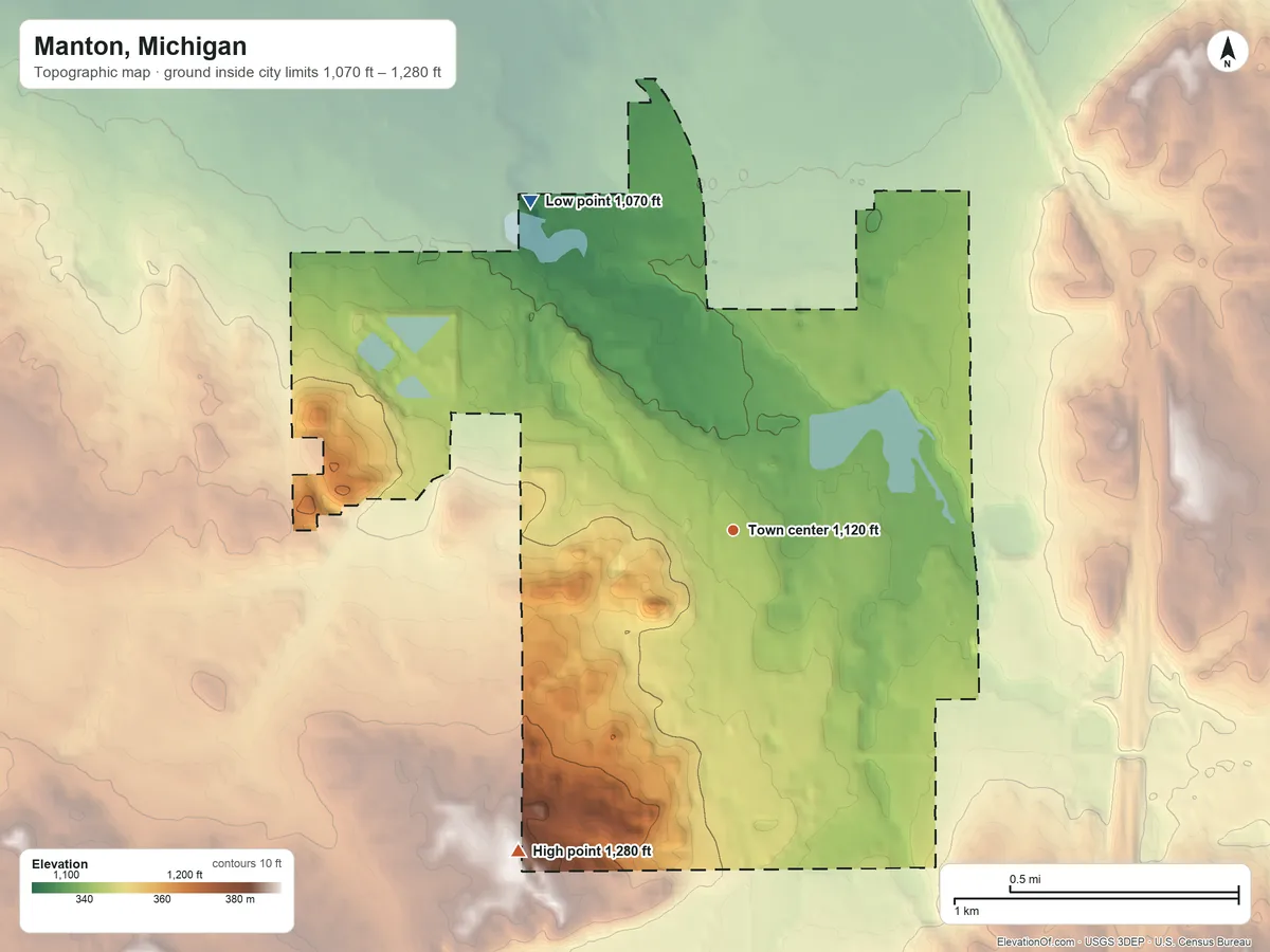 Topographic elevation map of Manton, Michigan, shaded from 1,070 ft on the northwest side to 1,280 ft on the southwest side