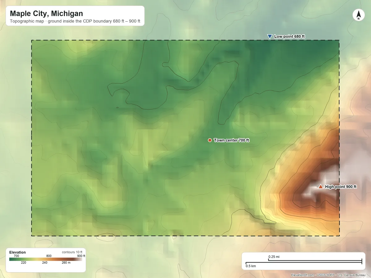 Topographic elevation map of Maple City, Michigan, shaded from 680 ft on the northeast side to 900 ft on the southeast side