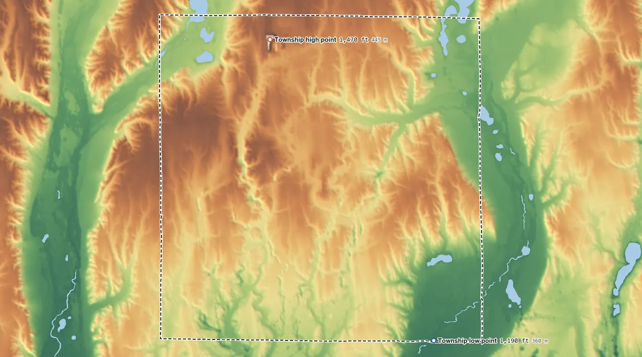 Topographic elevation map of Maple Forest Township, Michigan, shaded from 1,190 ft on the southeast side to 1,470 ft on the north side