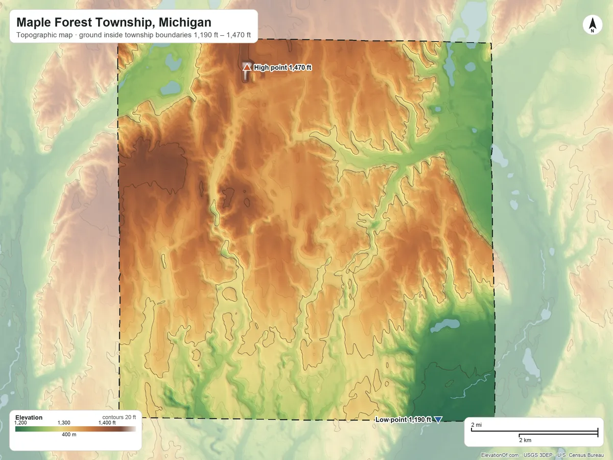 Topographic elevation map of Maple Forest Township, Michigan, shaded from 1,190 ft on the southeast side to 1,470 ft on the north side