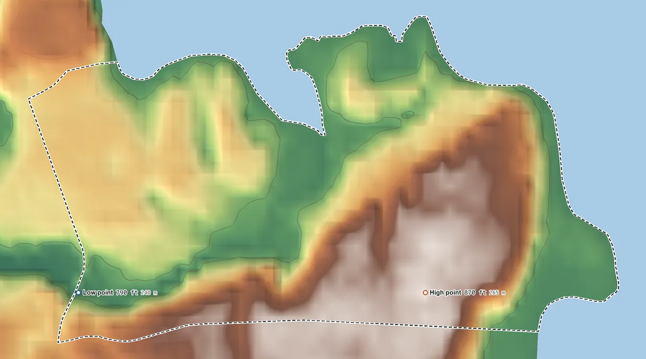 Topographic elevation map of Maple Grove, Michigan, shaded from 790 ft on the southwest side to 870 ft on the southeast side