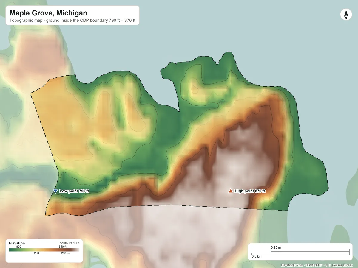 Topographic elevation map of Maple Grove, Michigan, shaded from 790 ft on the southwest side to 870 ft on the southeast side