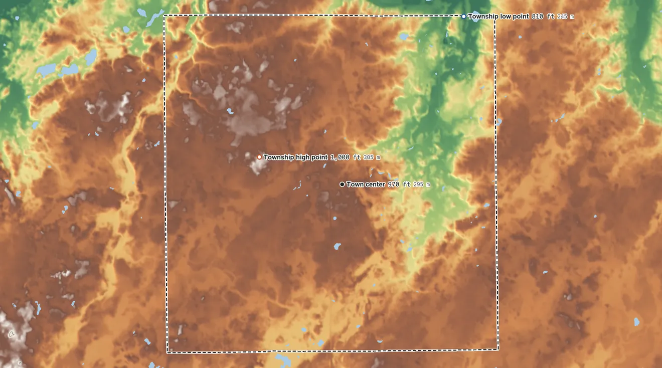 Topographic elevation map of Maple Grove Township, Barry County, Michigan, shaded from 810 ft on the northeast side to 1,000 ft on the west side
