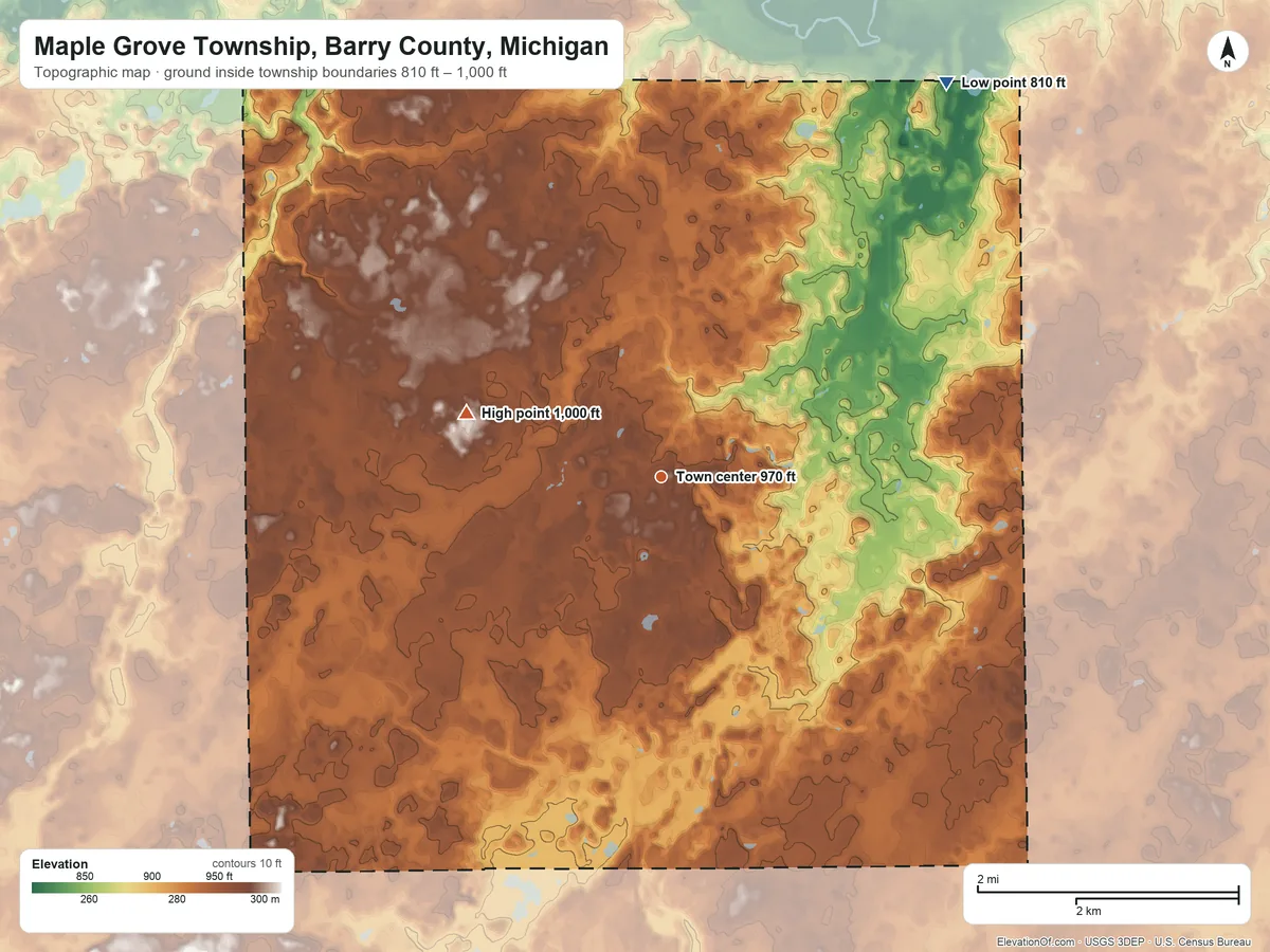 Topographic elevation map of Maple Grove Township, Barry County, Michigan, shaded from 810 ft on the northeast side to 1,000 ft on the west side