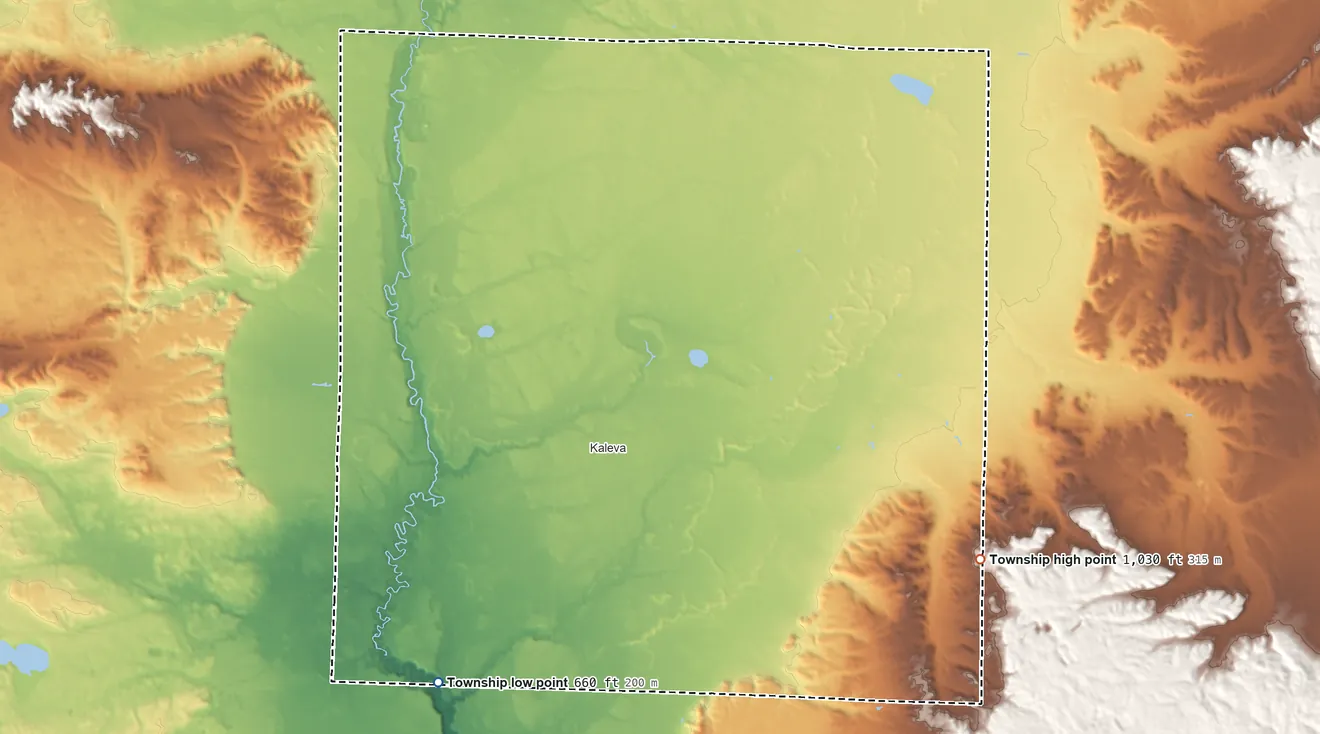 Topographic elevation map of Maple Grove Township, Manistee County, Michigan, shaded from 660 ft on the southwest side to 1,030 ft on the east side