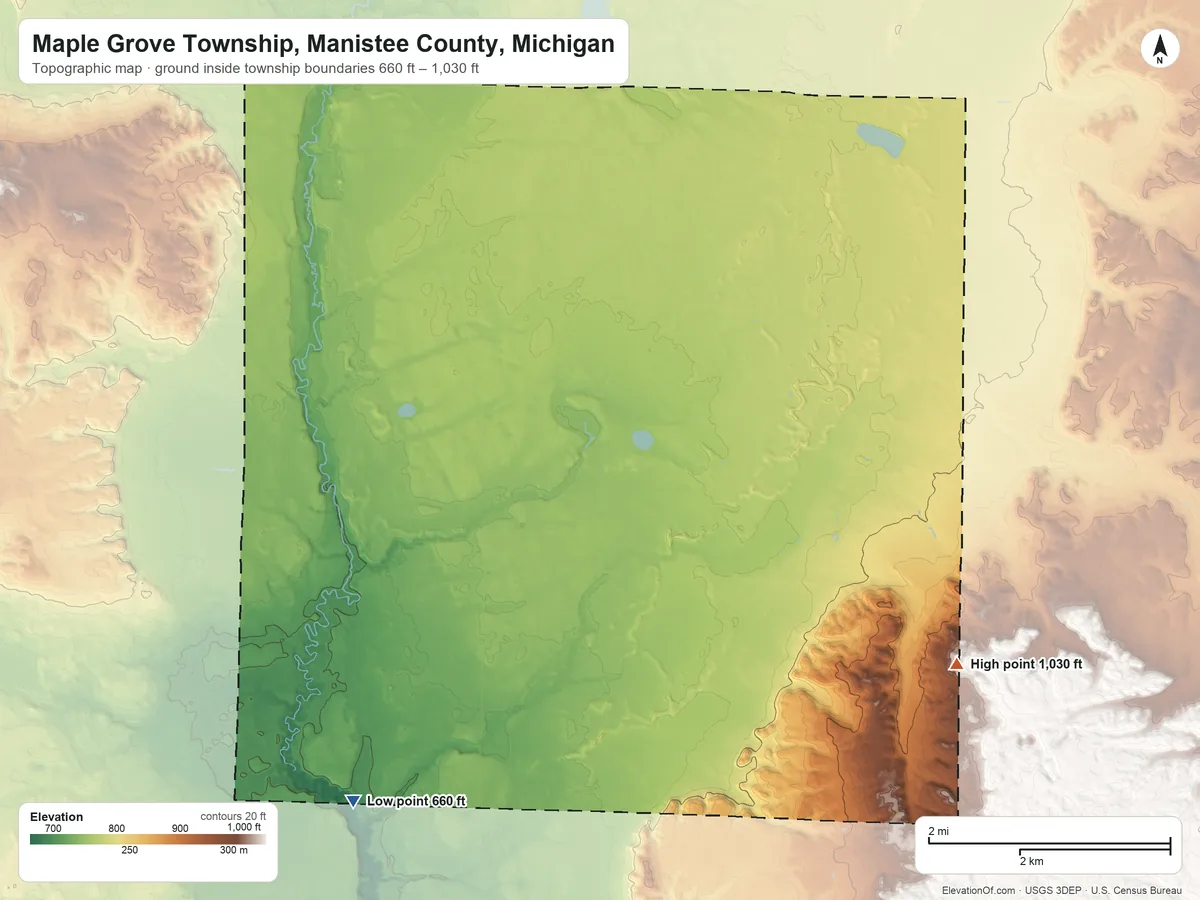 Topographic elevation map of Maple Grove Township, Manistee County, Michigan, shaded from 660 ft on the southwest side to 1,030 ft on the east side