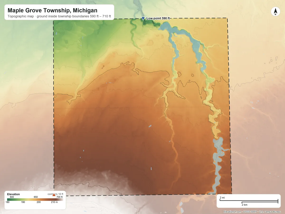 Topographic elevation map of Maple Grove Township, Michigan, shaded from 590 ft on the north side to 710 ft on the southwest side