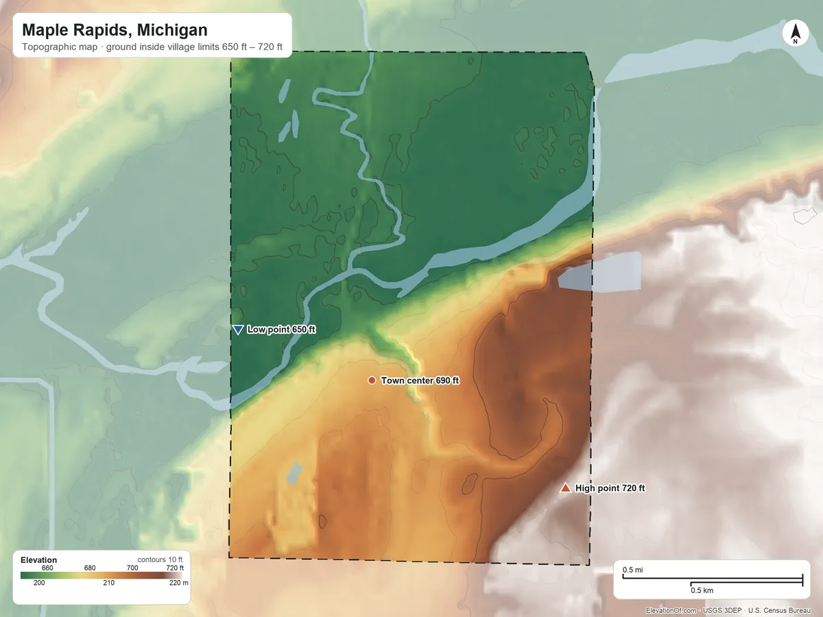 Topographic elevation map of Maple Rapids, Michigan, shaded from 650 ft on the west side to 720 ft on the southeast side