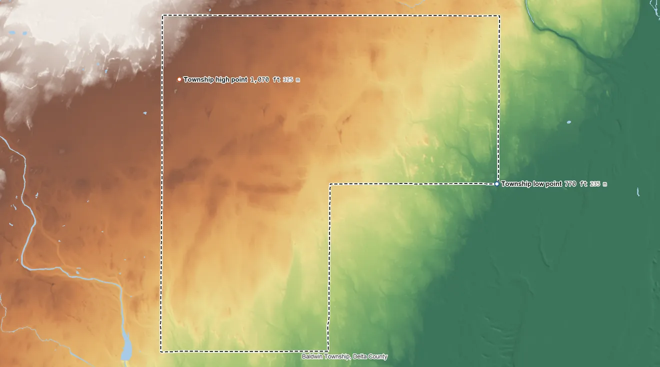 Topographic elevation map of Maple Ridge Township, Delta County, Michigan, shaded from 770 ft on the east side to 1,070 ft on the northwest side