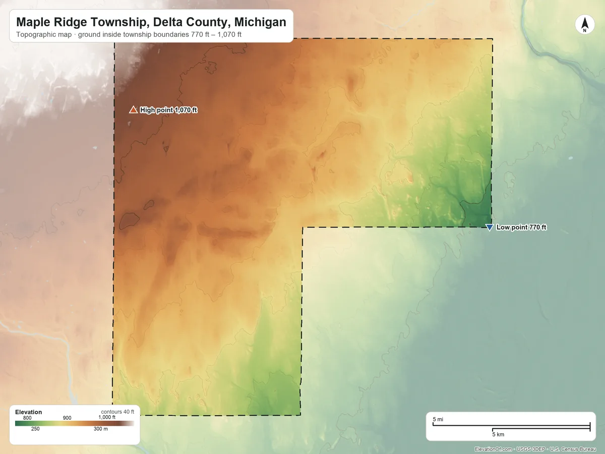 Topographic elevation map of Maple Ridge Township, Delta County, Michigan, shaded from 770 ft on the east side to 1,070 ft on the northwest side
