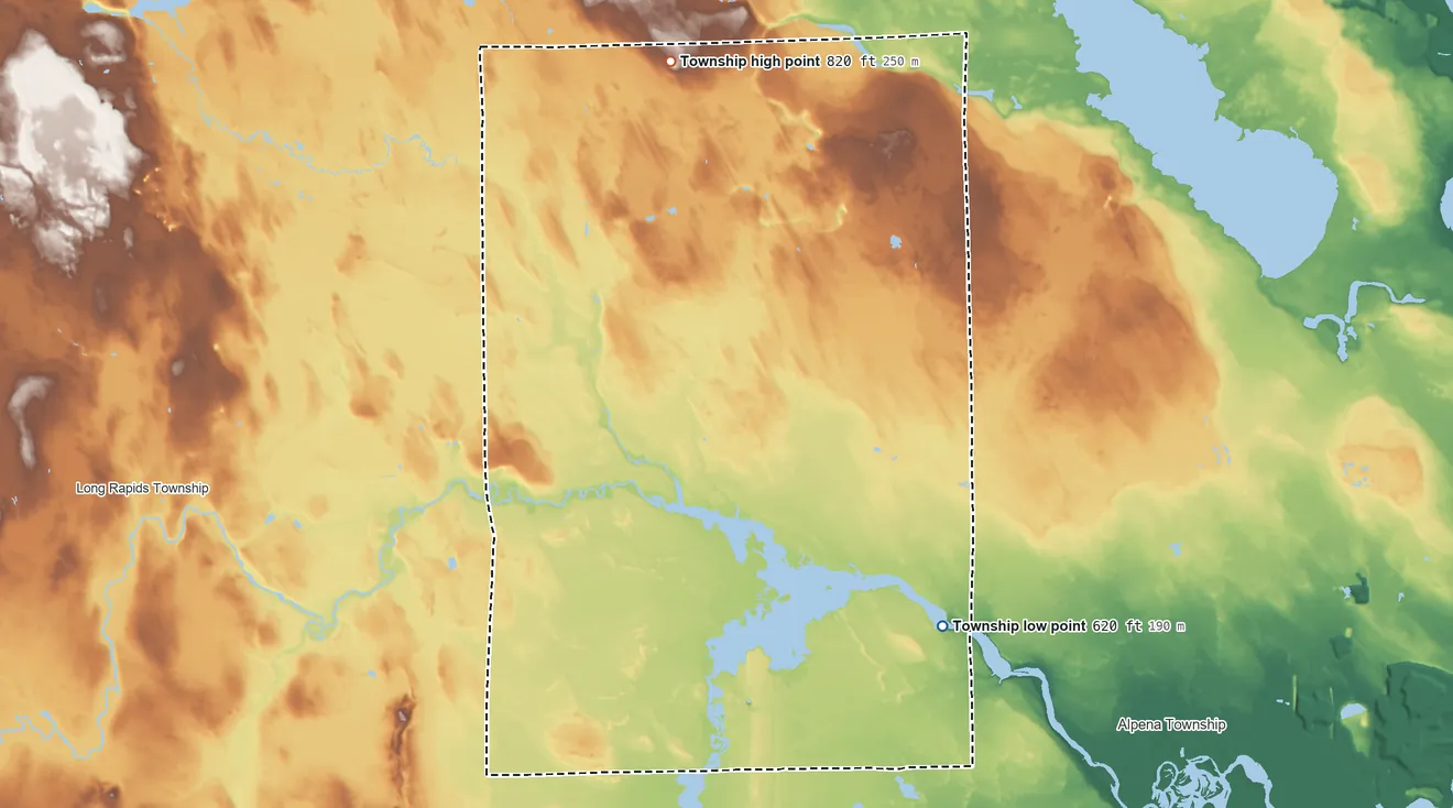 Topographic elevation map of Maple Ridge Township, Michigan, shaded from 620 ft on the southeast side to 820 ft on the north side