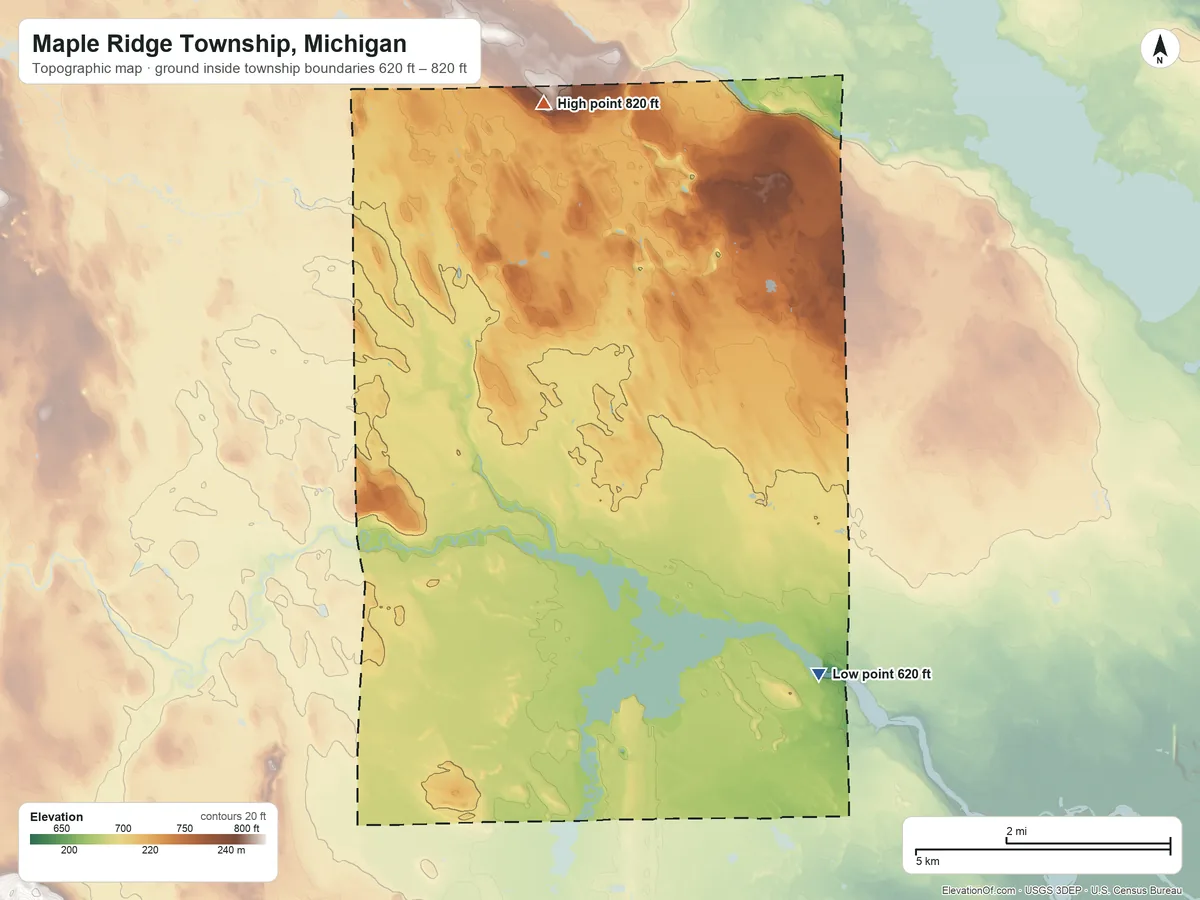 Topographic elevation map of Maple Ridge Township, Michigan, shaded from 620 ft on the southeast side to 820 ft on the north side