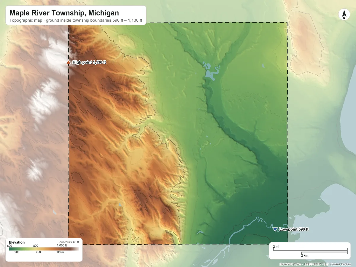 Topographic elevation map of Maple River Township, Michigan, shaded from 590 ft on the southeast side to 1,130 ft on the northwest side