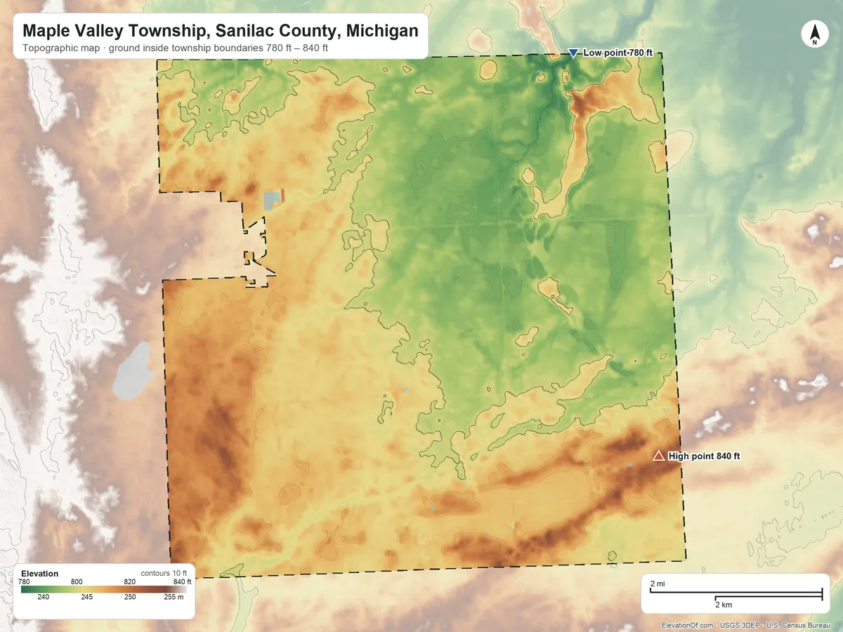 Topographic elevation map of Maple Valley Township, Sanilac County, Michigan, shaded from 780 ft on the northeast side to 840 ft on the southeast side