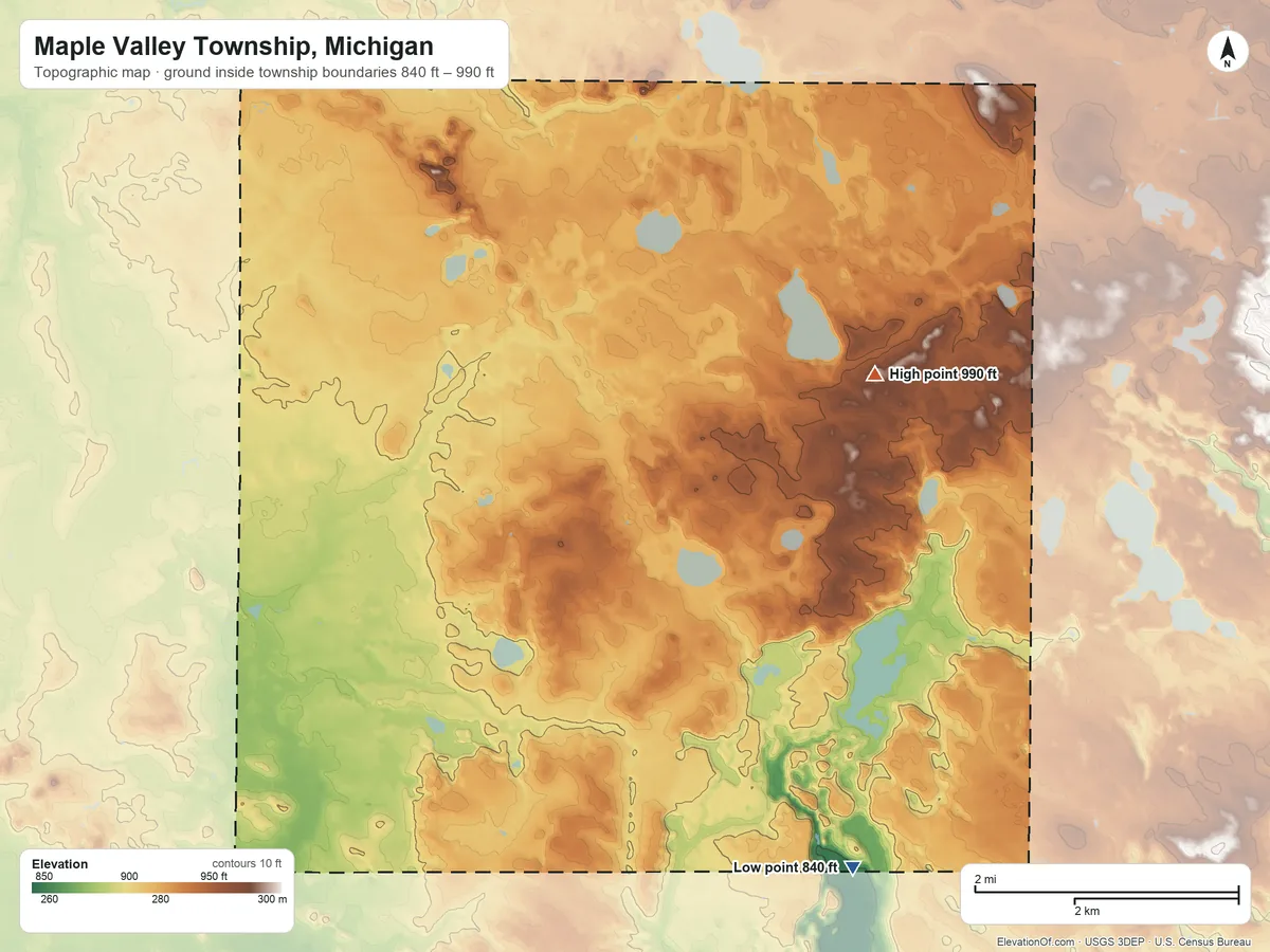 Topographic elevation map of Maple Valley Township, Michigan, shaded from 840 ft on the southeast side to 990 ft on the northeast side