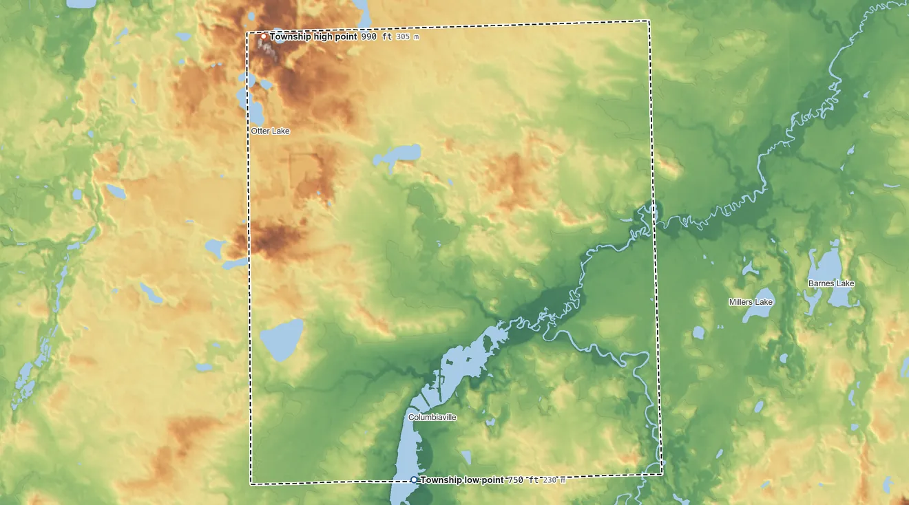 Topographic elevation map of Marathon Township, Michigan, shaded from 750 ft on the south side to 990 ft on the northwest side