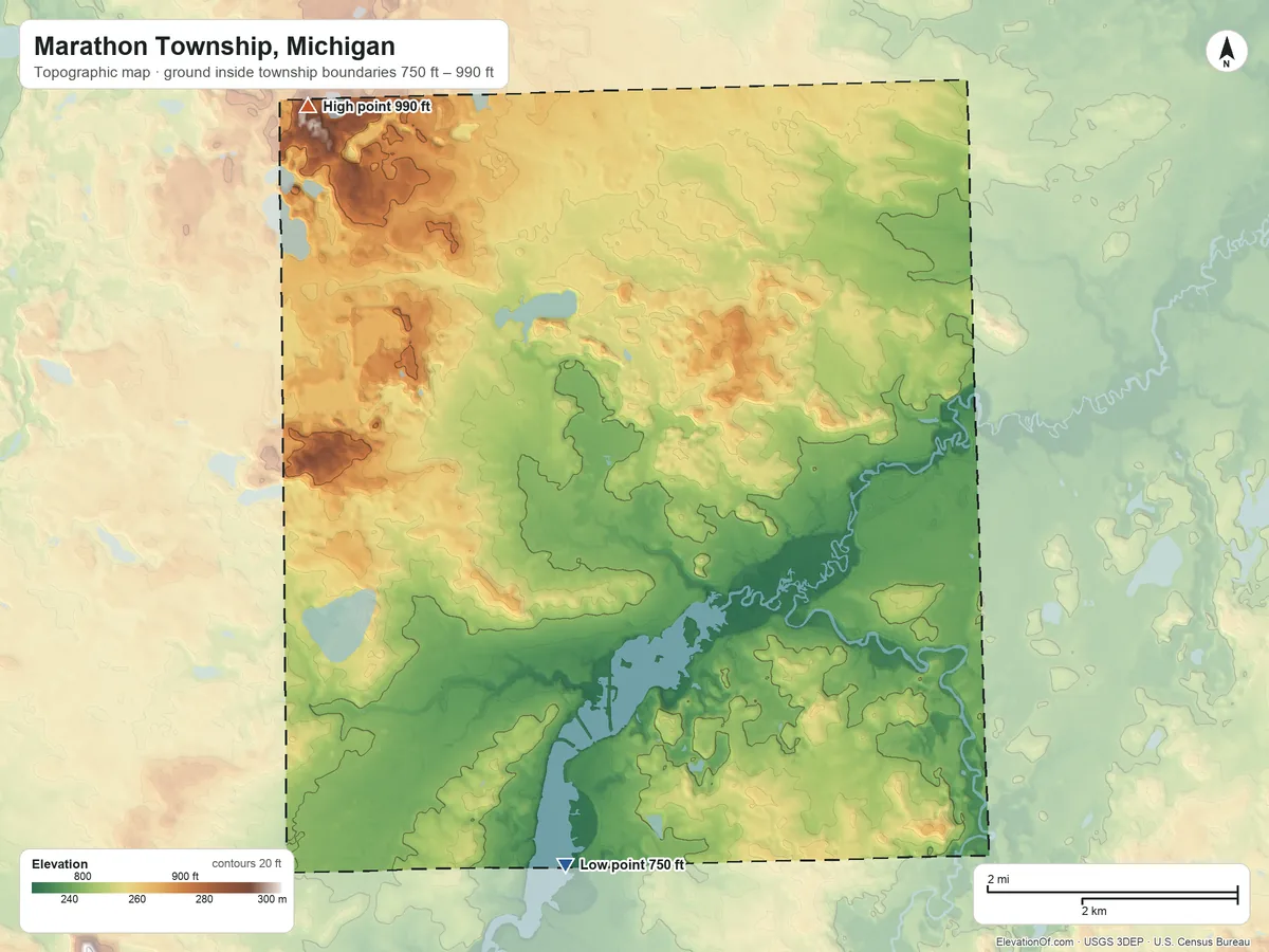 Topographic elevation map of Marathon Township, Michigan, shaded from 750 ft on the south side to 990 ft on the northwest side