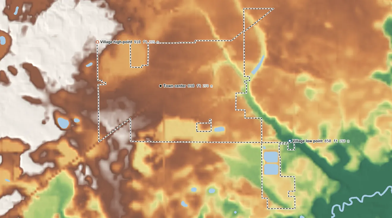 Topographic elevation map of Marcellus, Michigan, shaded from 850 ft on the southeast side to 910 ft on the northwest side