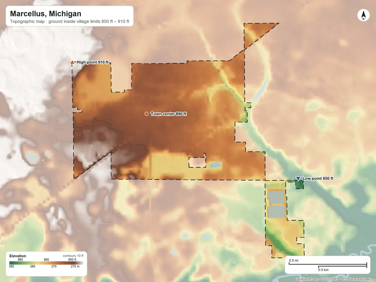 Topographic elevation map of Marcellus, Michigan, shaded from 850 ft on the southeast side to 910 ft on the northwest side
