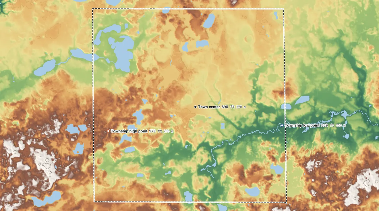 Topographic elevation map of Marcellus Township, Michigan, shaded from 830 ft on the east side to 970 ft on the west side