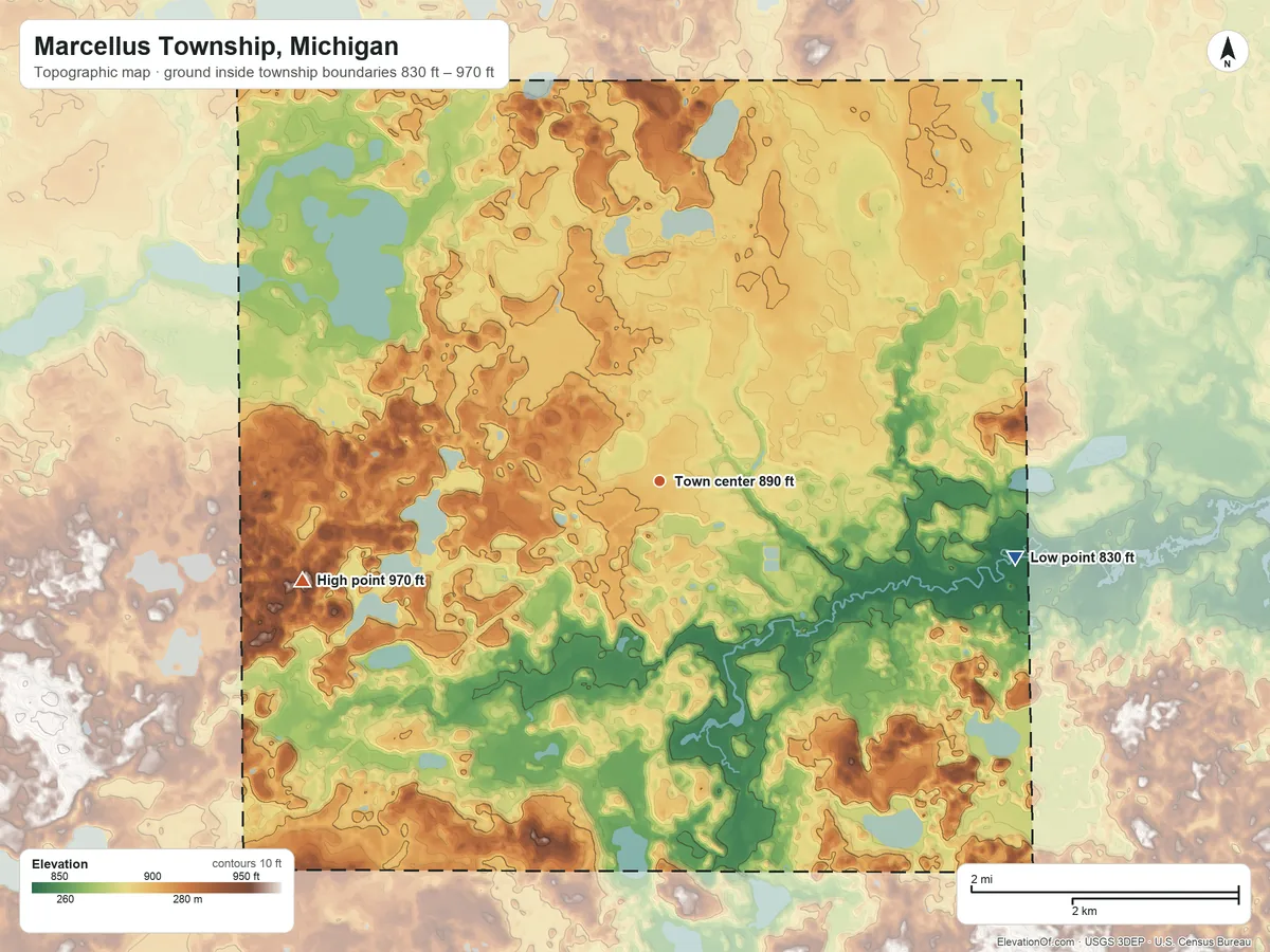 Topographic elevation map of Marcellus Township, Michigan, shaded from 830 ft on the east side to 970 ft on the west side