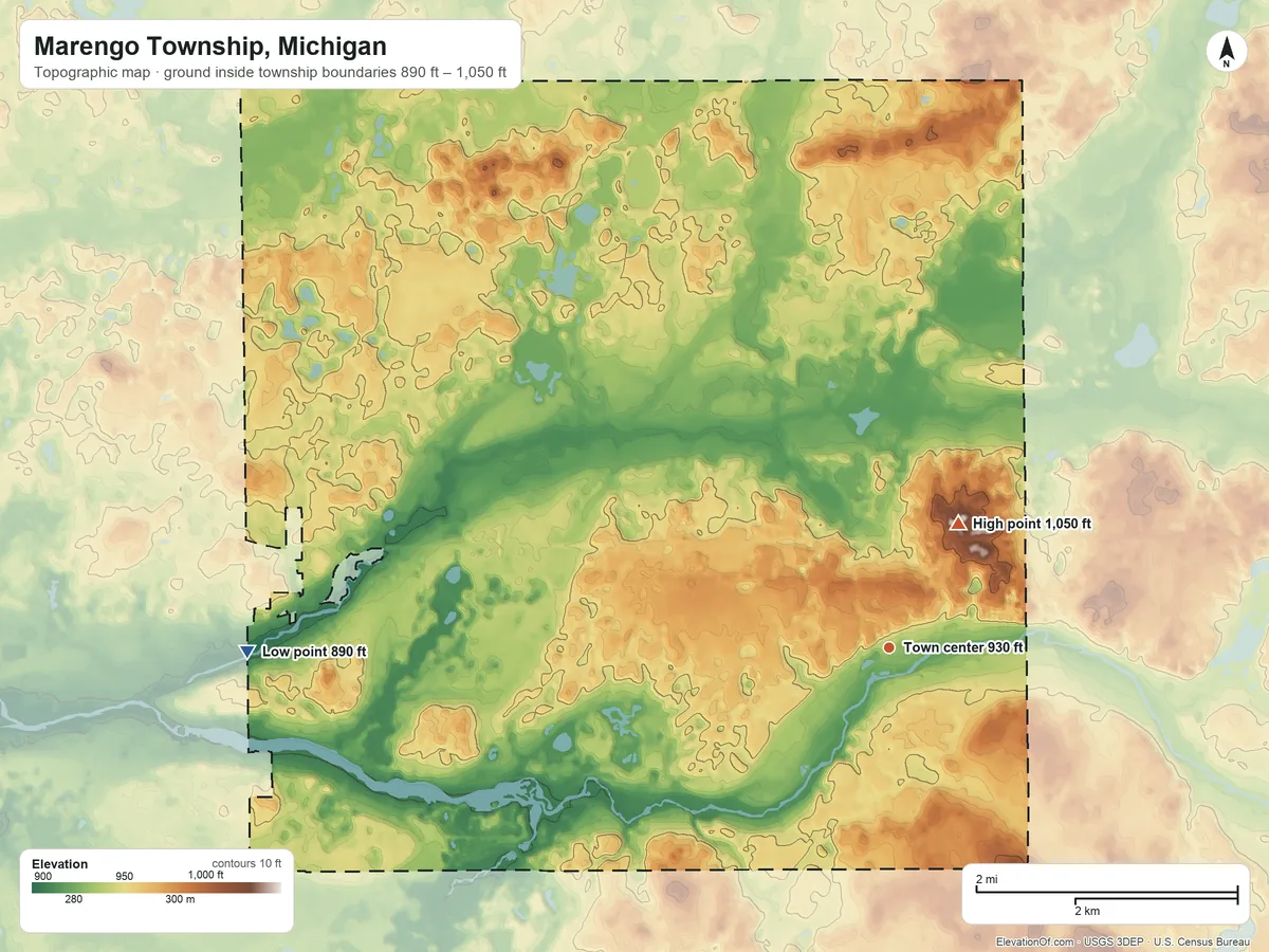 Topographic elevation map of Marengo Township, Michigan, shaded from 890 ft on the west side to 1,050 ft on the northeast side