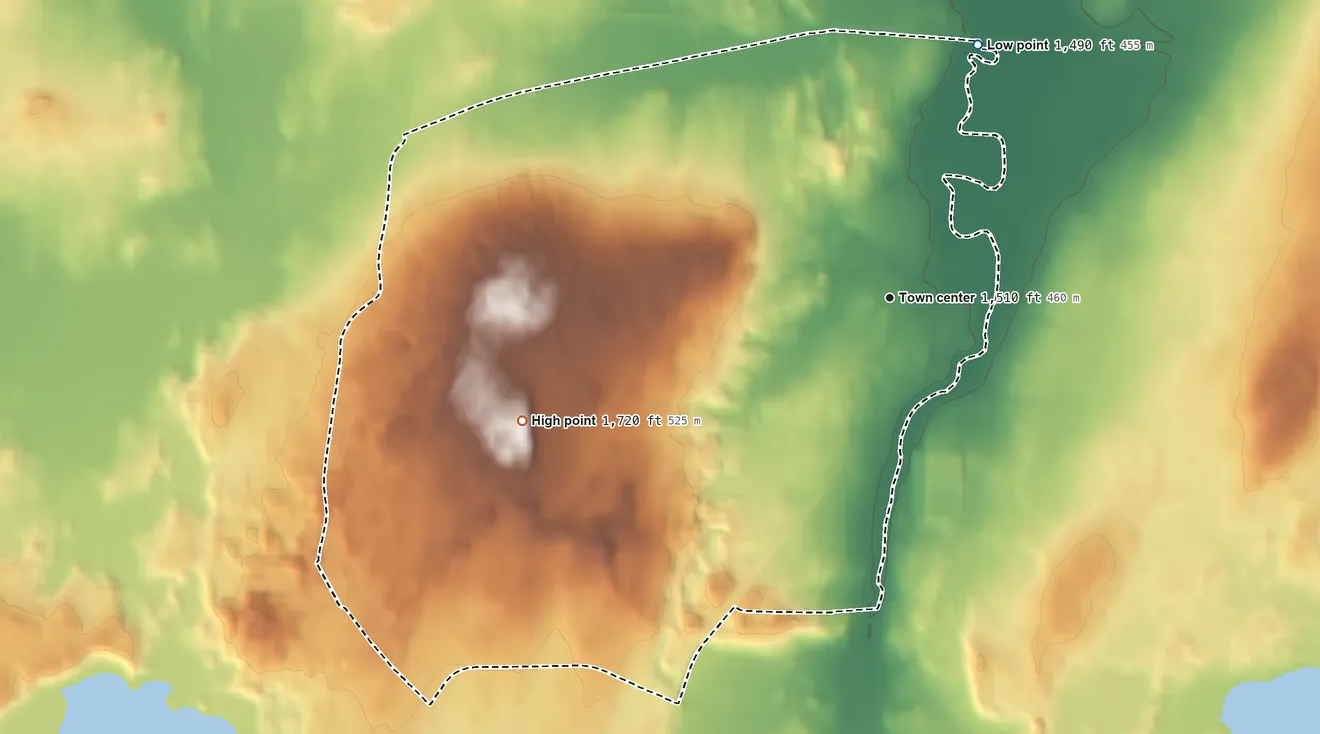 Topographic elevation map of Marenisco, Michigan, shaded from 1,490 ft on the north side to 1,720 ft on the west side