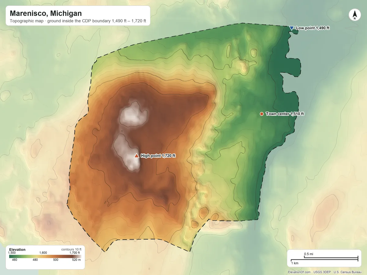 Topographic elevation map of Marenisco, Michigan, shaded from 1,490 ft on the north side to 1,720 ft on the west side