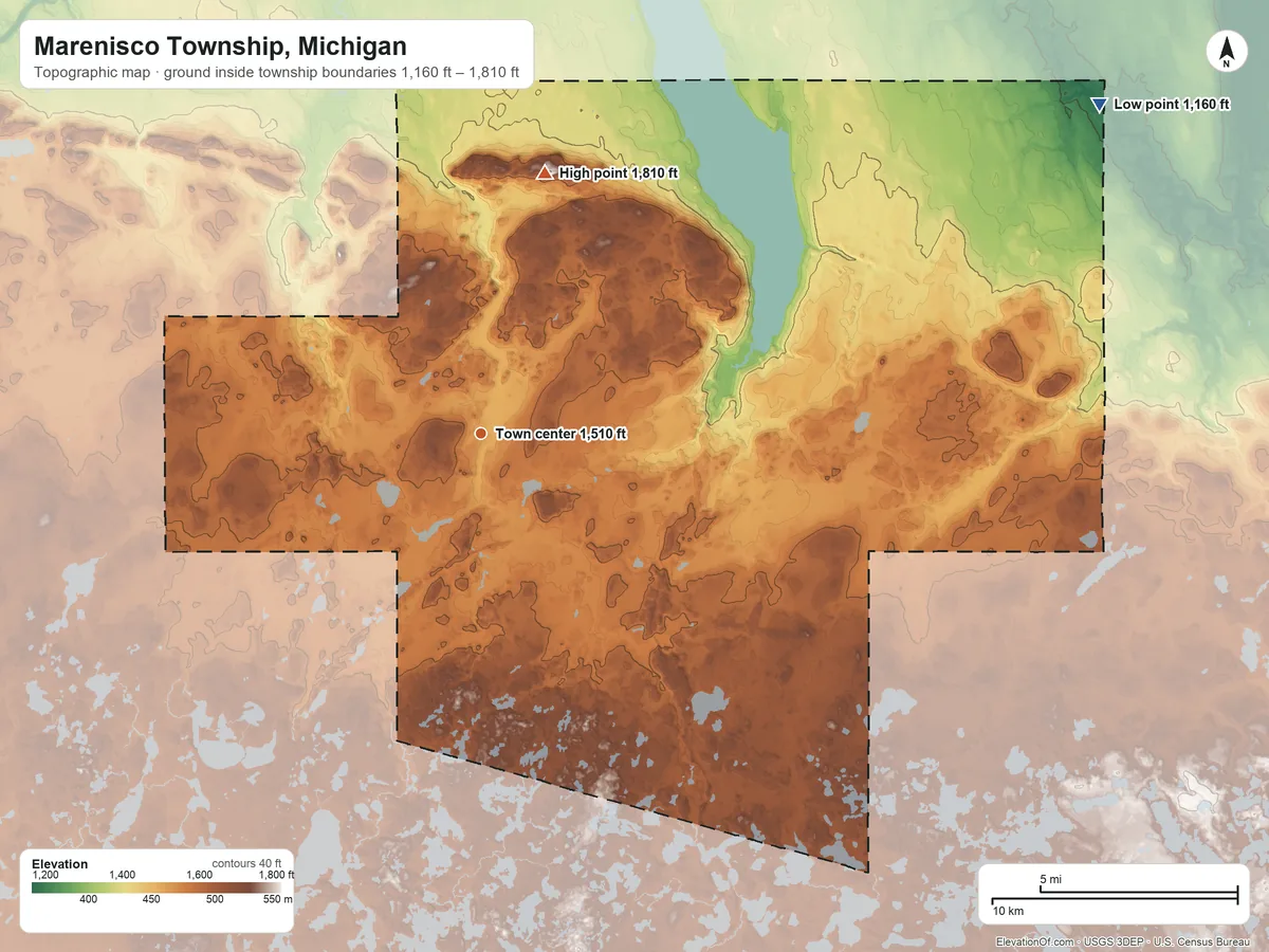 Topographic elevation map of Marenisco Township, Michigan, shaded from 1,160 ft on the northeast side to 1,810 ft on the north side