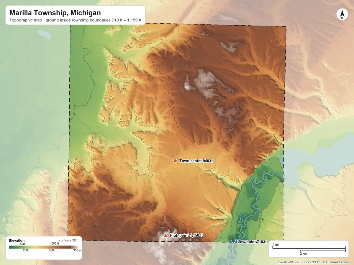 Topographic elevation map of Marilla Township, Michigan, shaded from 710 ft on the southeast side to 1,150 ft on the south side