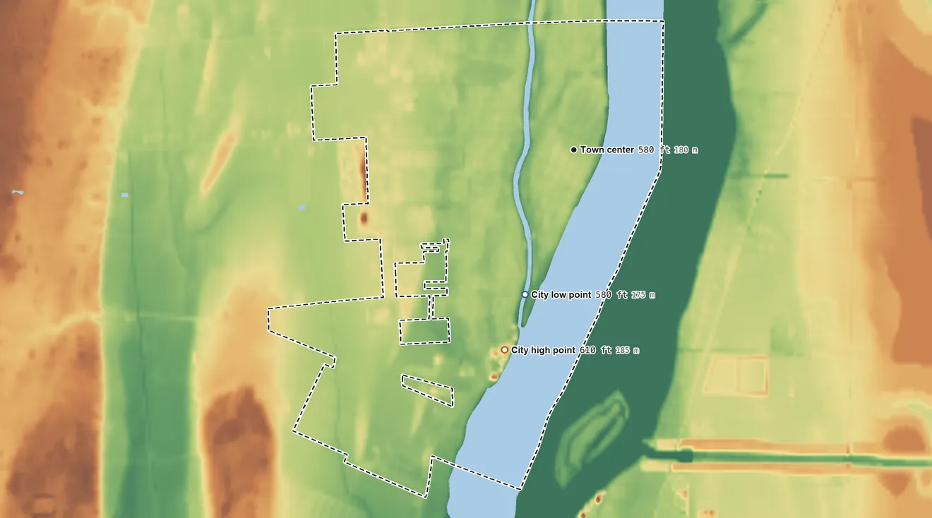 Topographic elevation map of Marine City, Michigan, shaded from 580 ft on the south side to 610 ft on the south side