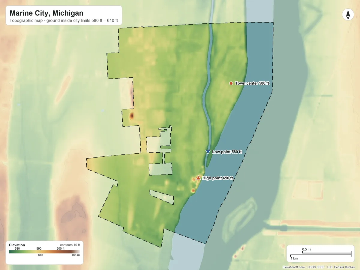 Topographic elevation map of Marine City, Michigan, shaded from 580 ft on the south side to 610 ft on the south side
