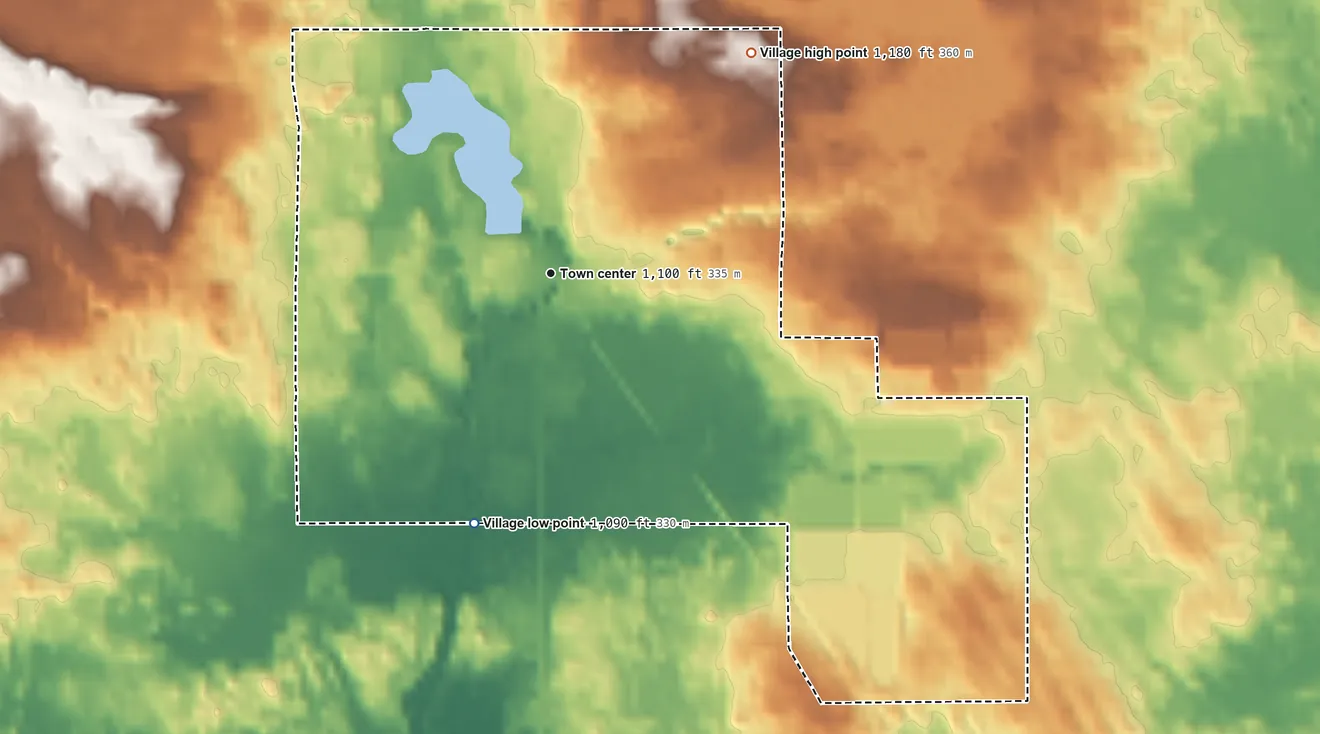 Topographic elevation map of Marion, Michigan, shaded from 1,090 ft on the south side to 1,180 ft on the northeast side