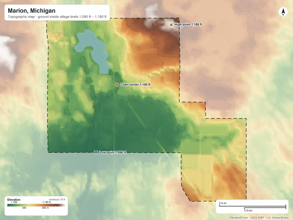 Topographic elevation map of Marion, Michigan, shaded from 1,090 ft on the south side to 1,180 ft on the northeast side