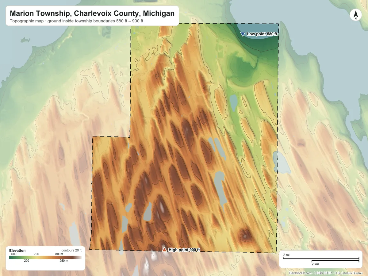 Topographic elevation map of Marion Township, Charlevoix County, Michigan, shaded from 580 ft on the north side to 900 ft on the southwest side