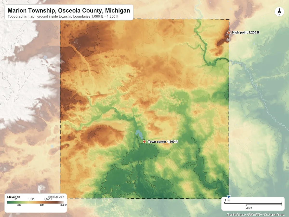 Topographic elevation map of Marion Township, Osceola County, Michigan, shaded from 1,080 ft on the southeast side to 1,250 ft on the northeast side