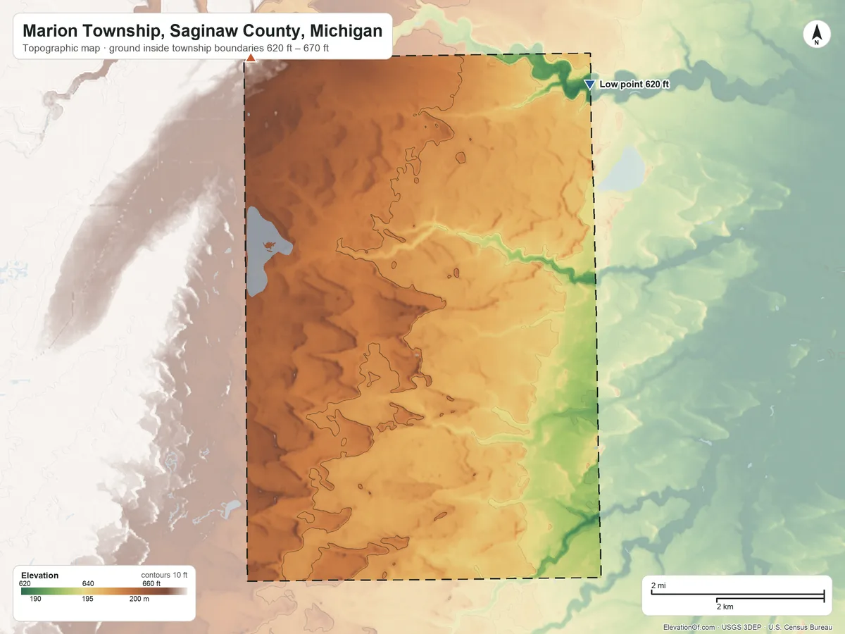Topographic elevation map of Marion Township, Saginaw County, Michigan, shaded from 620 ft on the northeast side to 670 ft on the northwest side